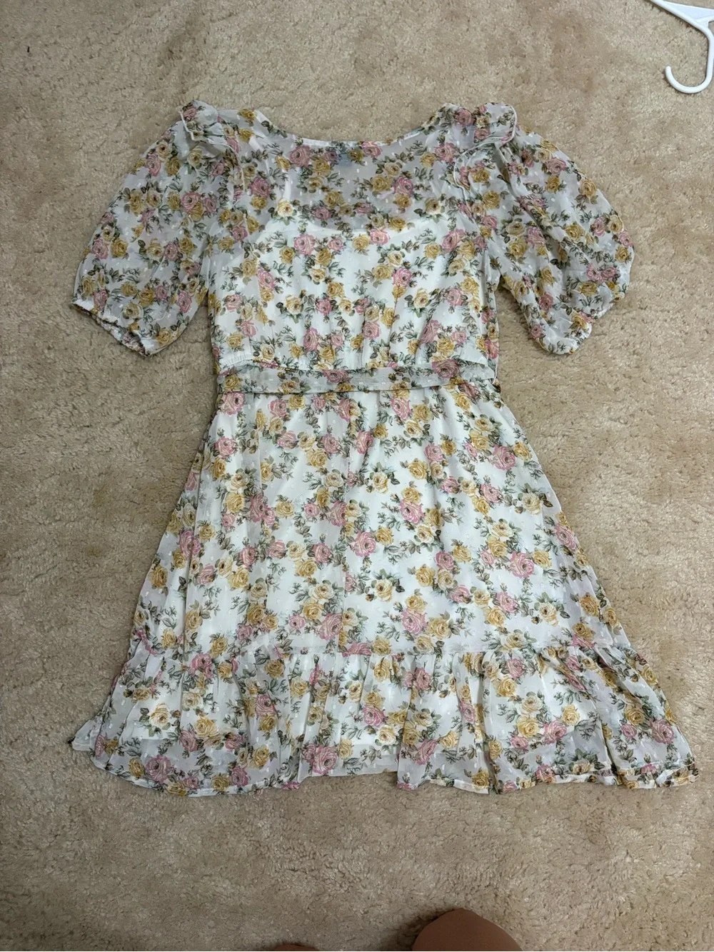 Cream Floral Dress with Pink & Yellow Roses
